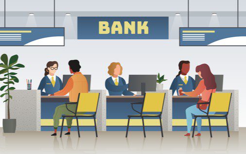 תמונת אנימציה של בנק ובו פקידים ולקוחות